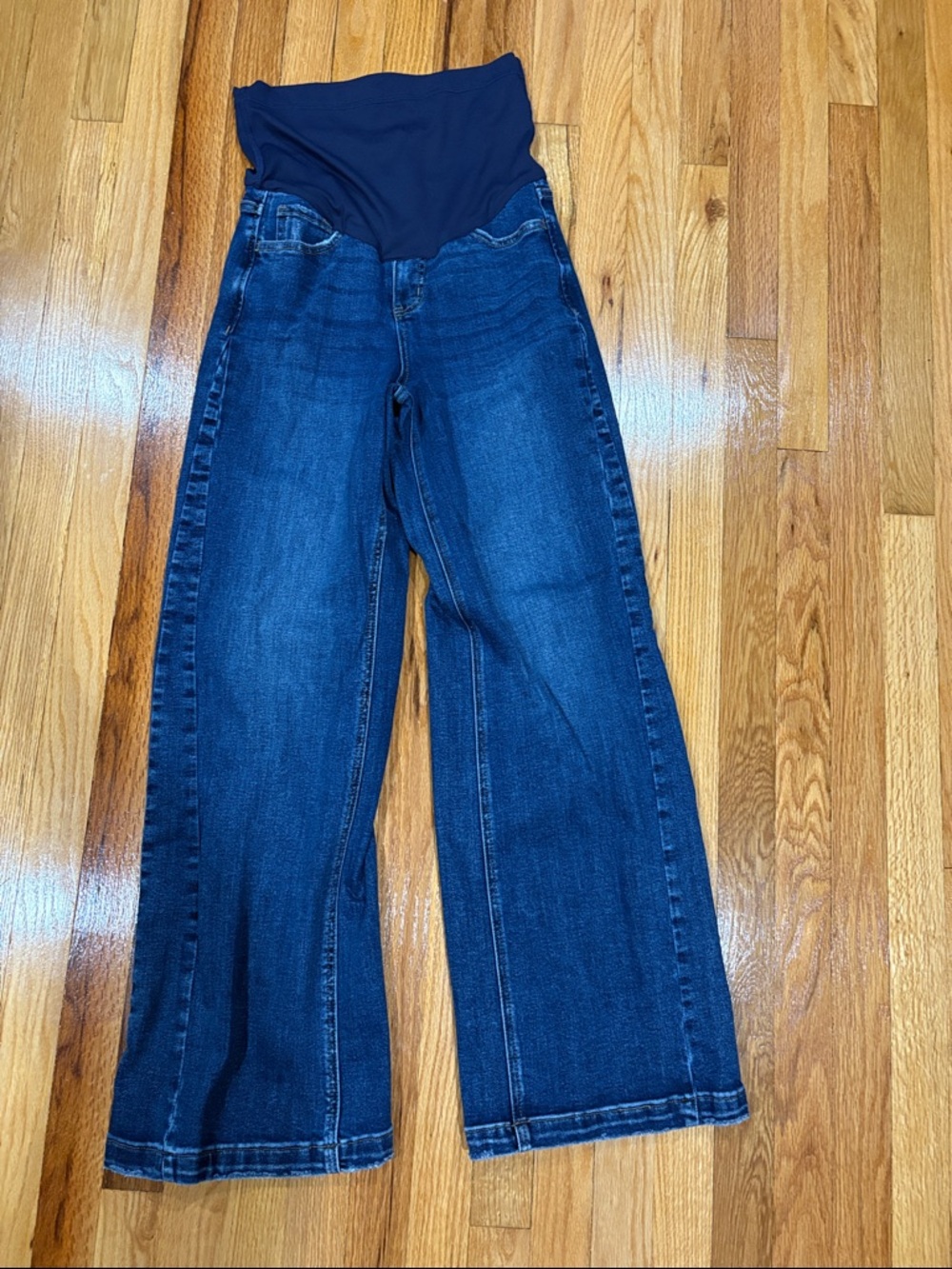 Pinkblush Dark Blue Wide-Leg Maternity Jeans with Black Belly Panel